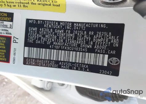 2012 Toyota Camry Se из США, поврежденный, VIN 4T1BF1FK9CU103545